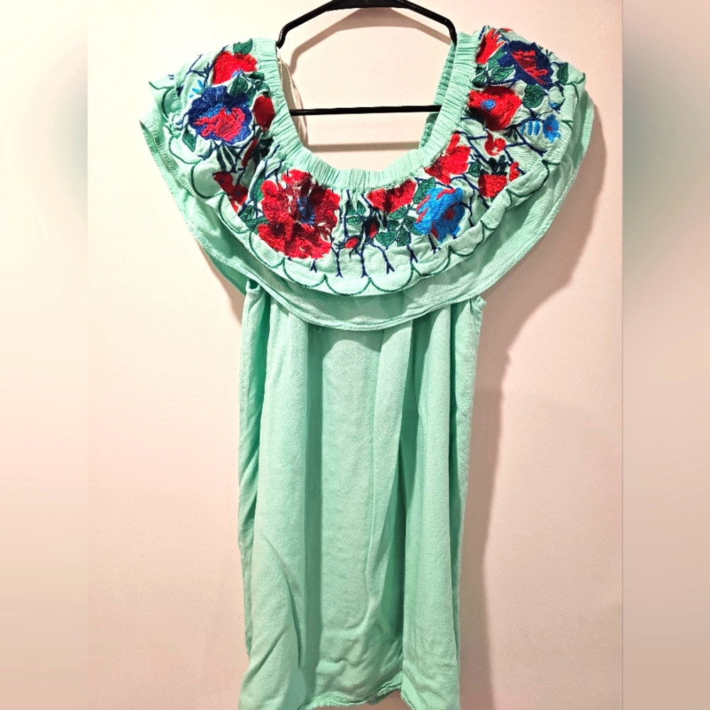 Umgee Embroidered  Green Women's Top Off The Shoulder Size Medium